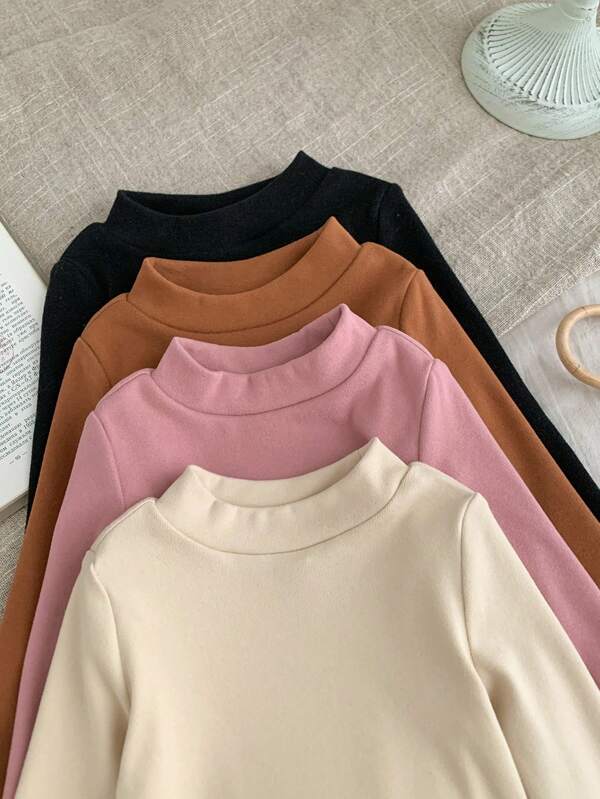 SHEIN 3pcs/Set Baby Girl Knitted Slim Fit Mock Neck Shirt, Beige Autumn Casual Family Matching Long Sleeve Stand Collar Bodysuit, Cute Knit Top For Baby Girl