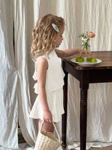 SHEIN LMoss Kids LMoss 2件套女童纯色圆领无袖上衣和短裤套装，白色连衣裙，夏季连衣裙，荷叶边连衣裙，露背连衣裙，亚麻连衣裙，荷叶边连衣裙 - 白色 - 查看 3