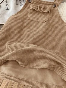 SHEIN LMoss Kids LMoss 女婴可爱粉色灯芯绒背带裙，适合秋冬季女婴灯芯绒背带裙，卡其色婴儿连衣裙，摩卡色婴儿服装，复古婴儿服装，女婴灯芯绒连衣裙 - 卡其色 - 查看 8