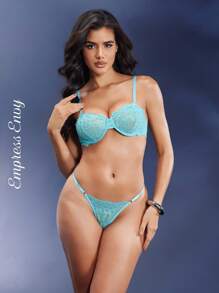 SHEIN 2pcs Set Lingerie Wanita Seksi Berenda (Bra Berkawat dan Thong) - Mint Green - View 5