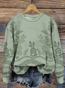 SHEIN LUNE Sudadera holgada de cuello redondo de manga larga con estampado de encaje falso, adecuada para otoño/invierno