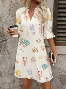 SHEIN Clasi Meeres-Muschelprint Urlaubs Kurzkleid für Damen mit Urlaubsstimmung - Aprikosenfarben - Übersicht 4