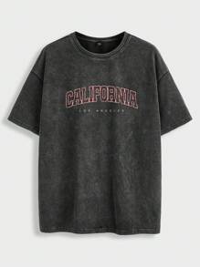 Manfinity Joysei Camiseta gráfica de California vintage oversize para hombres, de color negro mezclado, de manga corta, ideal como regalo para novio y para uso al aire libre. Camiseta vintage de California, camiseta con eslogan de California para hombres