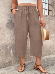 EMERY ROSE Plus Size Women Casual Textured 3/4 Pants, Comfortable Daily Wear, Spring Summer Resort Style - Chocolate Brown - View 1