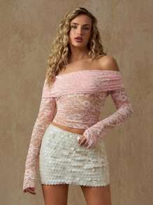 Glamine Pink Off-Shoulder Long Sleeve Elastic Lace Ruched Sheer Crop Top For Women, French Style Hollow Out Short Sexy T-Shirt, Transparent Slim Club Party Summer Casual Fall Cloth For Women