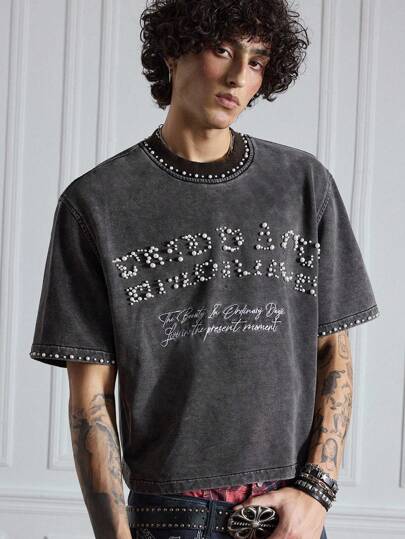 ROMWE Avant Camisa vaquera casual de manga corta con cuello redondo y adorno de perlas de imitación para hombre