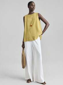 Ontre 2025秋季纯色圆领休闲度假无袖上衣，度假上衣，沙滩上衣，派对上衣，基本款上衣，节日上衣，社交上衣，女士派对上衣，百搭日常通勤，音乐节，商务休闲女士基本款上衣，女士办公室服装