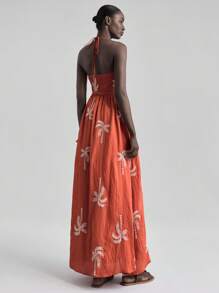 Ontre 2025秋季新款女式细肩带连衣裙，度假风格休闲无袖褶皱刺绣面料长裙，女式优雅波西米亚度假长裙 - 鏽棕色 - 查看 3