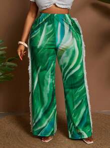 Maweii بنطلون مصنوع من صوف مرن مطبوع بنقش شامل، مزخرف بأشرطة جانبية أنيق وجذاب للمقاسات الكبيرة - متعدد الألوان - مشاهدة 4