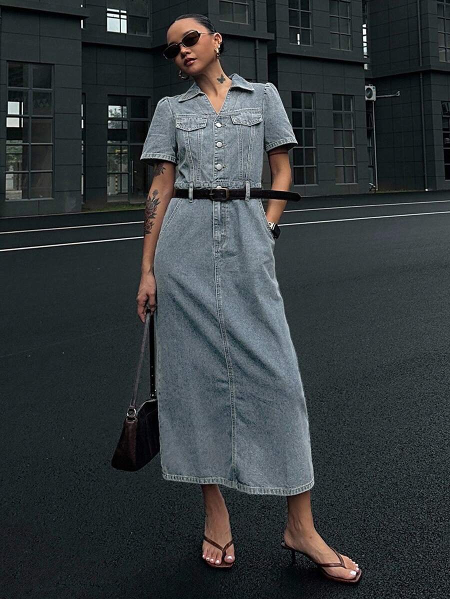 DAZY Women's Puff Sleeve Denim Dress, Spring/Summer - Baby Blue - View 1