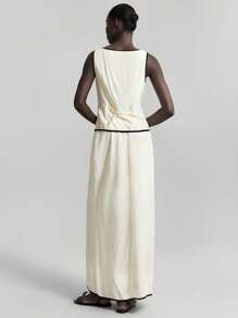 Ontre 2 件套亚麻材质拼色设计无袖黑色饰边抽绳背心和迷你裙套装，女士春夏音乐节、毕业典礼、节日装