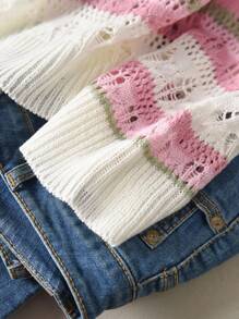 CosyJoli Plus Size Women Hollow Out Design Knitted Long Sleeve Sweater, Pink Knit Top, New 2025 Autumn/Winter, Suitable For Commuting And Casual Wear, Pink Knitwear Fall