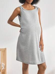 BloomMama 孕妇无袖哺乳宽松睡袍，简约纯色夏季 - 灰色 - 查看 1