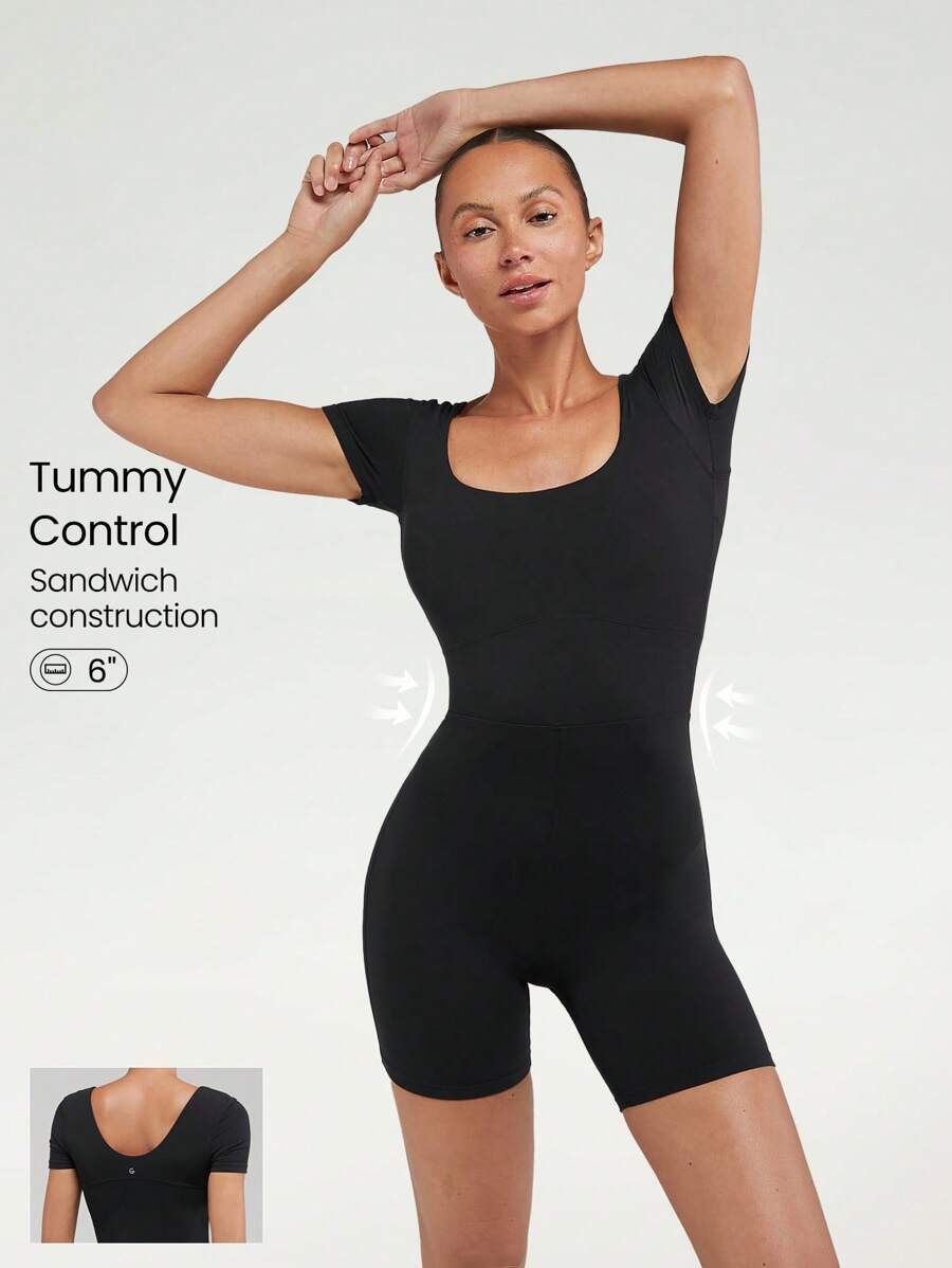 GLOWMODE 6" FeatherFit™ Tummy Control Square Neck U Back Jumpsuit Light Support Low Impact Yoga Studio Summer - Black - View 1