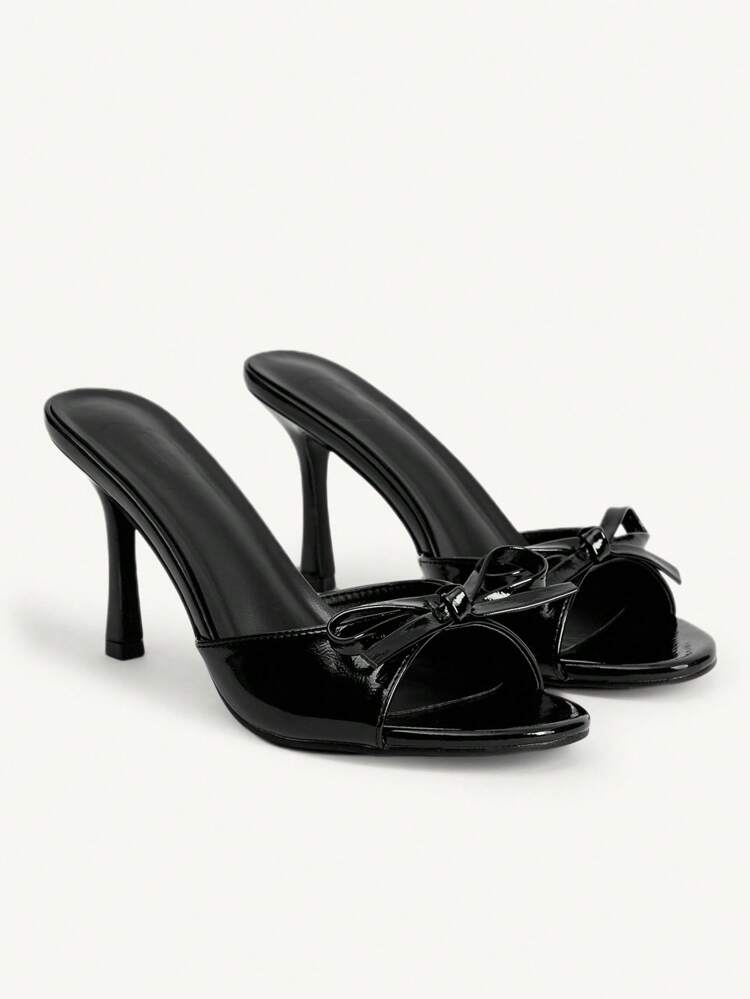 CUCCOO CHICEST Women's Black PU Bow Fashion Comfortable Summer Wear Mule High Heel Sandals For Christmas Elegant Shoes Wedding Shoes Summer Shoes Bride Shoes