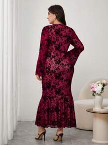 Modelyn Vestido de cola de sirena con mangas de campana elegante de encaje talla grande para primavera/verano - Rosa Fucsia - Ver 2