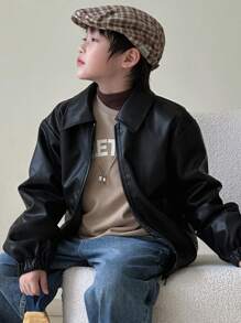 DAZY Tween Boy Warm Stylish Zip Up Collar Cardigan For Autumn Leather Jacket