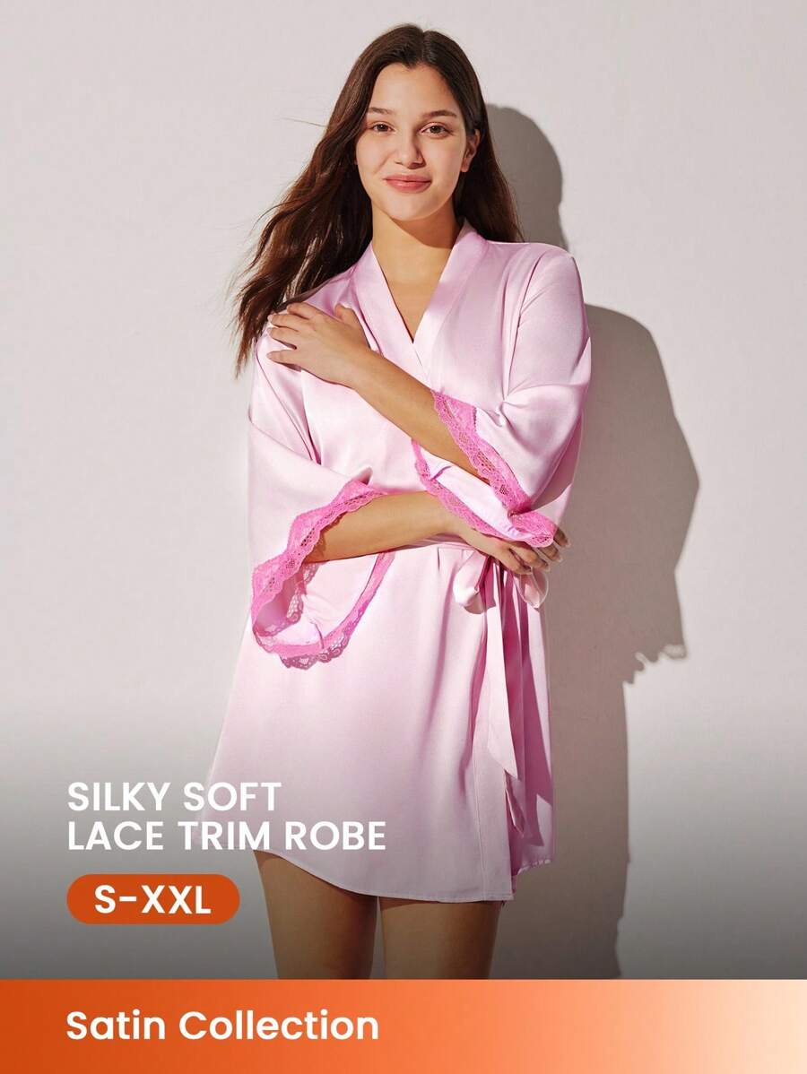 LUVLETTE 女士性感丝滑缎面奢华蕾丝边系带透气家居服睡袍内衣及睡衣，情人节、春夏皆宜 - 粉色 - 查看 1