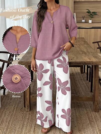 Louniche Vacation Casual Solid Color Shirt & Floral Print Pants Set