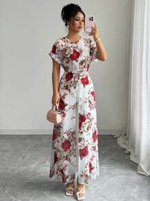 Breezaya Elegant Floral Print High Slit Long Shirt, Summer - Multicolor - View 6