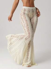 SHEIN ICON Women's White Y2K Sexy Low Waist Full Lace Exaggerated Flared Leg Skinny Tight Fitting Sexy Pants - White - View 5