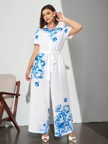 Chikora Plus Size Women Elegant Placement Blue And White Printed Jumpsuit,Ommuting And Pairing With Summer Clothes, Graduation Outfit,Ruffle,Work Outfits For Women - Blue and White - View 6