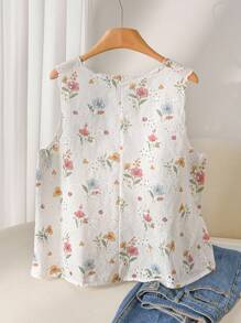 CosyJoli 大码休闲印花纹理网眼面料刺绣外壳饰边系带前无袖上衣背心 - 彩色 - 查看 3