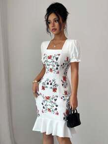 Rafferiza Đầm midi cổ vuông in hoa tay ngắn cho nữ, thanh lịch mùa hè - trắng - Xem 7
