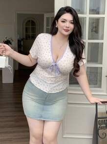 Dazy Plus 碎花拼布蝴蝶结腰部短袖夏季T恤 - 杏色 - 查看 7