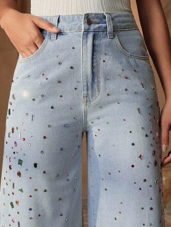 Anewsta Damen luxuriöse Jeans mit Strass-Verzierung und geradem Schnitt im Boho-Stil