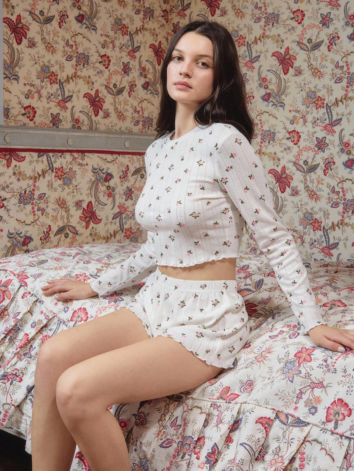 Soft Rib Knit Vintage Floral Print Long Sleeve Loungewear Top With Loose Fit Elastic Waist Shorts Spring Summer, Fall Clothes