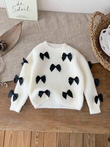 SHEIN Baby Mädchen Lässig Pullover mit Schleife, Herbst und Winter Baby Mädchen gestrickter Schleifenpullover, dreidimensionale Schleifen Dekoration, weich für die Babyhaut, geeignet für Innen und Außen, Alltag, Sport, Spiel, Party, Fotoshooting, Urlaub, Fest - Verschiedenfarbig - Übersicht 2
