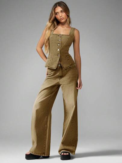 MISSGUIDED Rhinestone Embellished Wide Leg Denim Pants