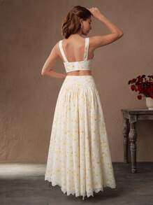 SHEIN Unity 女士夏季、假日、度假两件套 - 碎花吊带背心，搭配蕾丝边不对称下摆半身裙，节日外出度假装 - 黃色 - 查看 2