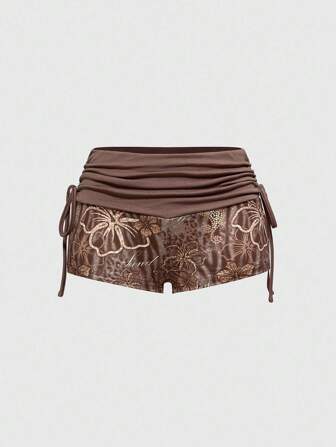 J-Fashion Y2K Sexy Holiday Coconut Girl English Text Low Waist Drawstring Ultra Short Beach Shorts Women, Hibiscus And Leopard Print