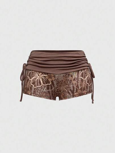 J-Fashion Pantaloncini da spiaggia sexy, a vita bassa, con laccio e ultra corti, con stampe di testo in inglese "Coconut girl" e ibisco e stampa leopardata, in stile Y2K