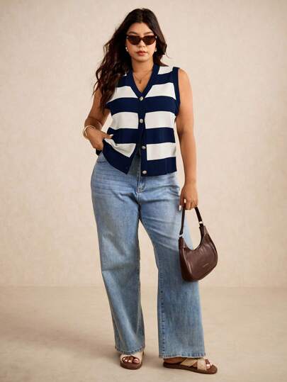 Elaquor 加大码条纹印花V领前扣无袖毛衣背心，商务休闲女装，秋冬女士教师装