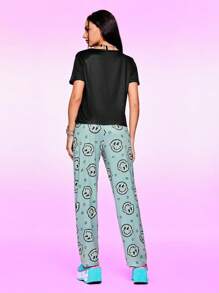 SHEIN Damski swobodny zestaw piżamowy z nadrukiem w panterkę i krótkim rękawem, z nadrukiem kreskówkowym, lato - Zielony - Zobacz 3