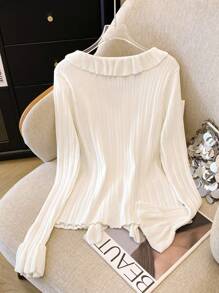 Franclia New French Romantic Ruffle Hem V-Neck Bell Sleeve Asymmetrical Women's Knit Cardigan, Spring/Autumn Knit Pullover Fall Winter - White - View 2