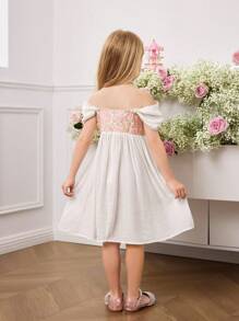 SHEIN Young Girl's Elegant Floral Jacquard Off Shoulder Flare Hem Party Dress, Summer - Pink - View 2