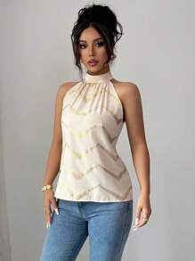 Selianne 女士無袖金箔條紋領露背上衣 - 杏色 - 查看 4