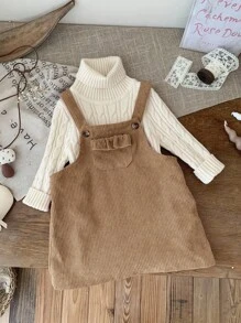 SHEIN LMoss Kids LMoss 女婴可爱粉色灯芯绒背带裙，适合秋冬季女婴灯芯绒背带裙，卡其色婴儿连衣裙，摩卡色婴儿服装，复古婴儿服装，女婴灯芯绒连衣裙 - 卡其色 - 查看 6