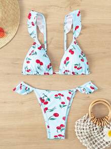 Swim Mod Women's Cherry Print Ruffle Trim Split Bikini Set, Perfect For Beach Vacation, Summer - Multicolor - View 1