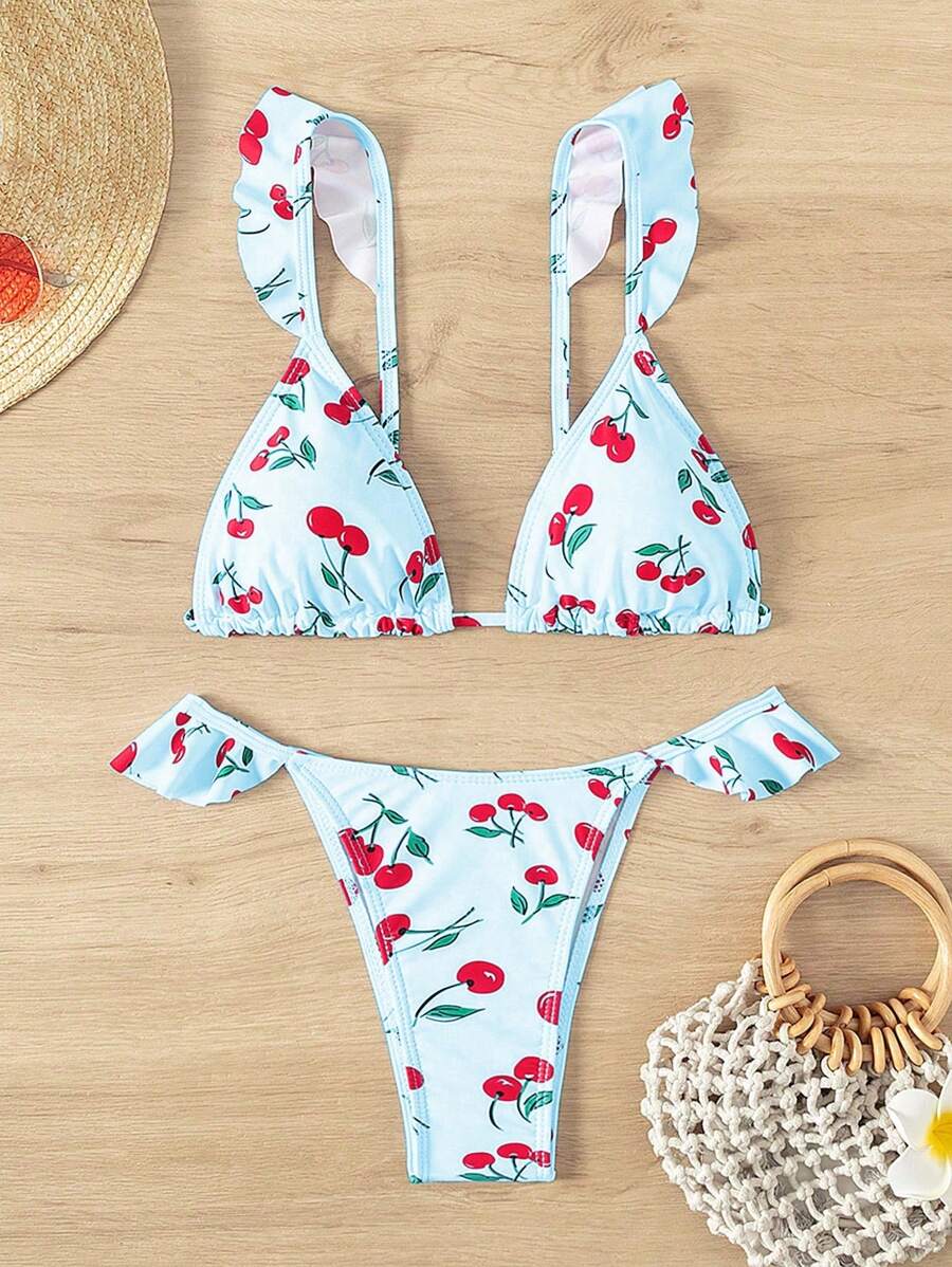 Swim Mod Women's Cherry Print Ruffle Trim Split Bikini Set, Perfect For Beach Vacation, Summer - Multicolor - View 1