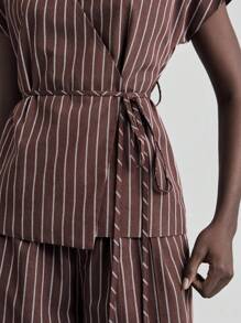Ontre 2025 Autumn/Winter Women's Clothing, Fall/Winter Women's Wear, Back To School, Halloween, Christmas, Business Casual, Retro Dignified Elegant Versatile Outfit, Basic Apparel: Nashville Apparel Striped Print V-Neck Wrap Short Sleeve Top And Pocket Pants Two Pieces Set - Brown - View 5