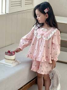 DAZY 2pcs/Set Small Girls Allover Ditsy Floral Long Sleeve Top And Shorts Loungewear Summer Outfit - Pink - View 7
