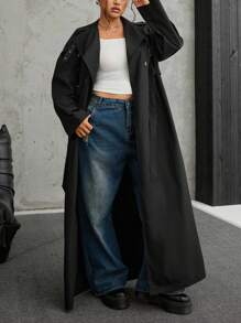 SHEIN EZwear 加大码双排扣纯色休闲长袖长款风衣加大码超大外套 - 黑色 - 查看 9