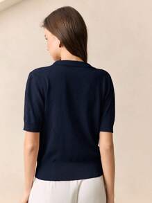 BizChic Navy Blue Polo Collar Diamond Knit Short Sleeve Pullover Sweater For Women, Basic Urban Commute Style, Simple Elegant Business Casual, Suitable For Teachers, Office Wear Fall Tops