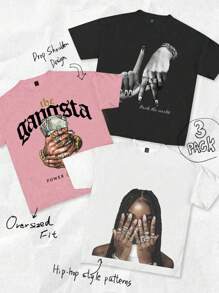 Tseoso 3pcs/Set Casual Hip Hop Graphic Round Neck Short Sleeve Loose T-Shirt For Women Slightly Sheer Suitable For Going Out