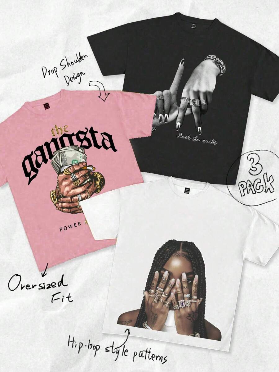 Tseoso 3pcs/Set Casual Hip Hop Graphic Round Neck Short Sleeve Loose T-Shirt For Women Slightly Sheer Suitable For Going Out